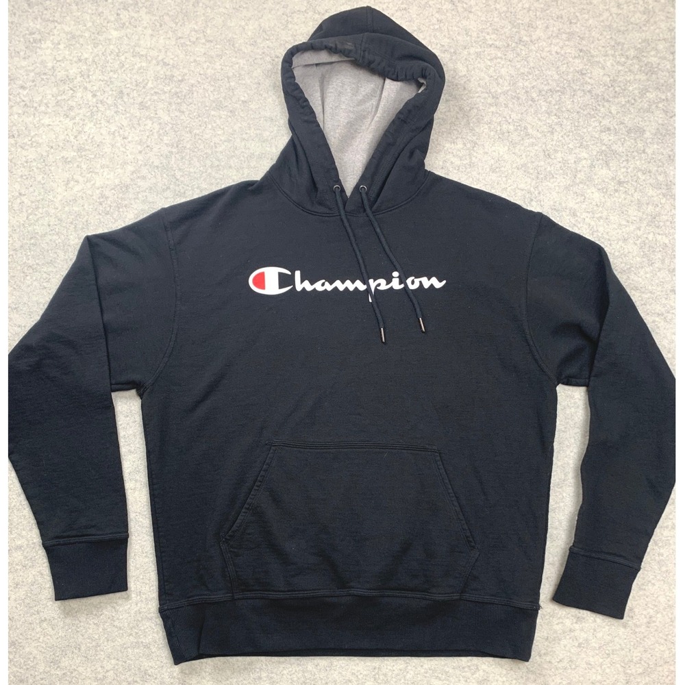 Champion Hoodie Mens L Black Script Logo Pullover Fleece Sweatshirt